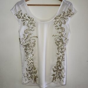 Hinge Ivory Gold Sequined Embellished Cap Sleeved Top Size X-Small